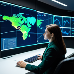 A focused, professional female cybersecurity analyst in a modest business suit, fully clothed, appropriate attire, seated at a modern desk in a high-tech Security Operations Center (SOC). Large, glowing holographic screens display complex data visualizations, network graphs, and real-time threat intelligence feeds. The room is dimly lit with subtle blue and green ambient light from the screens. perfect anatomy, correct proportions, natural pose, well-formed hands, proper finger count, natural body proportions, professional photography, cinematic lighting, high detail, ultra-realistic, safe for work, appropriate content, professional.