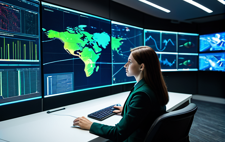 A focused, professional female cybersecurity analyst in a modest business suit, fully clothed, appropriate attire, seated at a modern desk in a high-tech Security Operations Center (SOC). Large, glowing holographic screens display complex data visualizations, network graphs, and real-time threat intelligence feeds. The room is dimly lit with subtle blue and green ambient light from the screens. perfect anatomy, correct proportions, natural pose, well-formed hands, proper finger count, natural body proportions, professional photography, cinematic lighting, high detail, ultra-realistic, safe for work, appropriate content, professional.