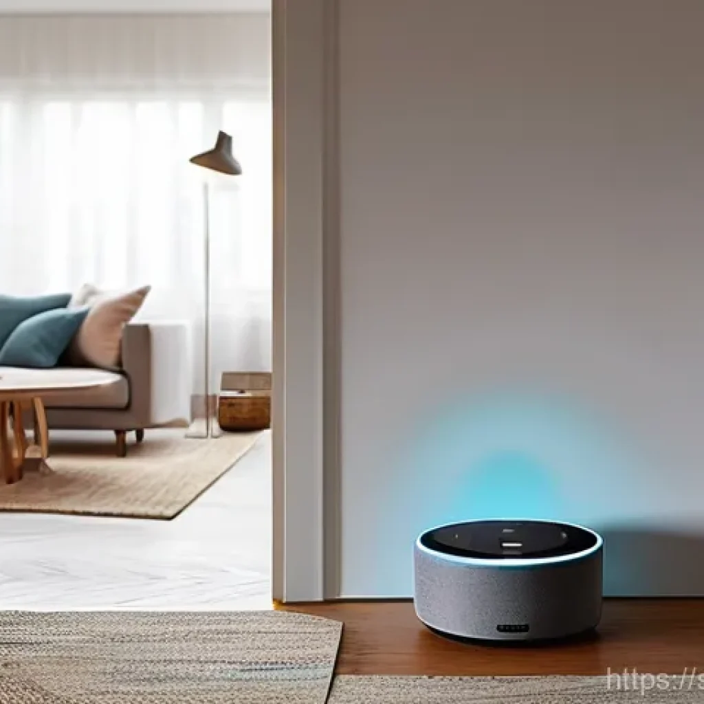 IoT 보안 취약점 - **Prompt:** A modern, minimalistic living room bathed in the soft glow of evening light. A high-tech...