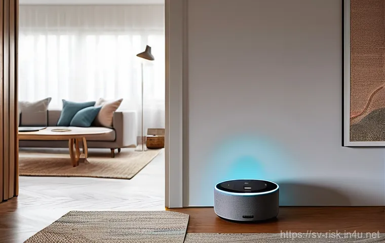 IoT 보안 취약점 - **Prompt:** A modern, minimalistic living room bathed in the soft glow of evening light. A high-tech...