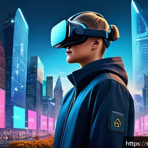 Home 32 메타버스 보안 위협 및 해결책 - A futuristic virtual reality scene set in a vibrant Swedish metaverse cityscape during dusk, featuri...