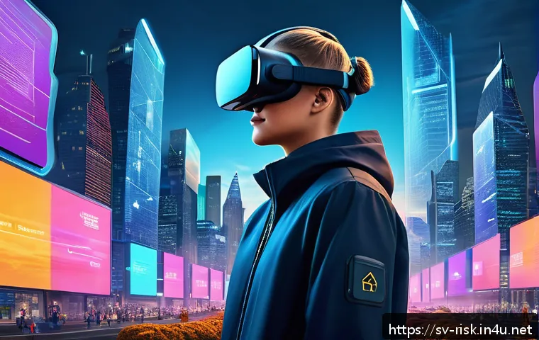 메타버스 보안 위협 및 해결책 - A futuristic virtual reality scene set in a vibrant Swedish metaverse cityscape during dusk, featuri...