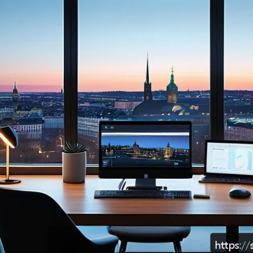 Home 31 백도어와 루트킷 탐지법 - A detailed digital illustration of a modern Swedish home office setup at dusk, featuring a sleek lap...