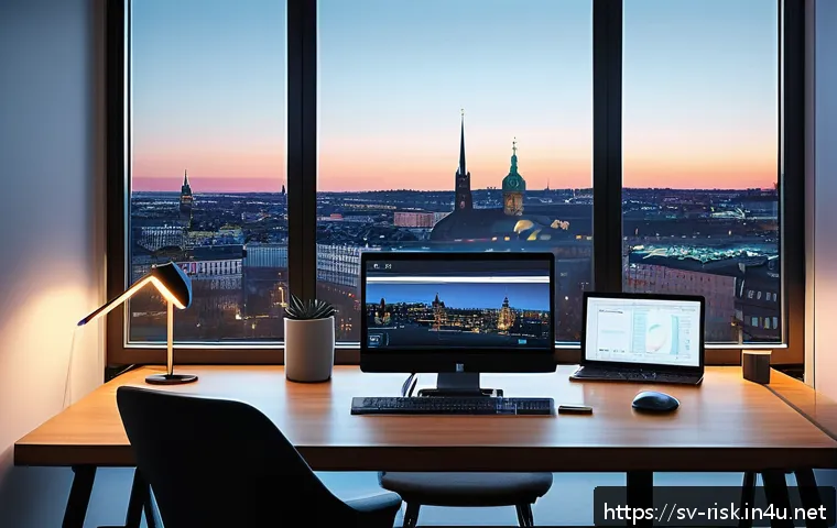 백도어와 루트킷 탐지법 - A detailed digital illustration of a modern Swedish home office setup at dusk, featuring a sleek lap...