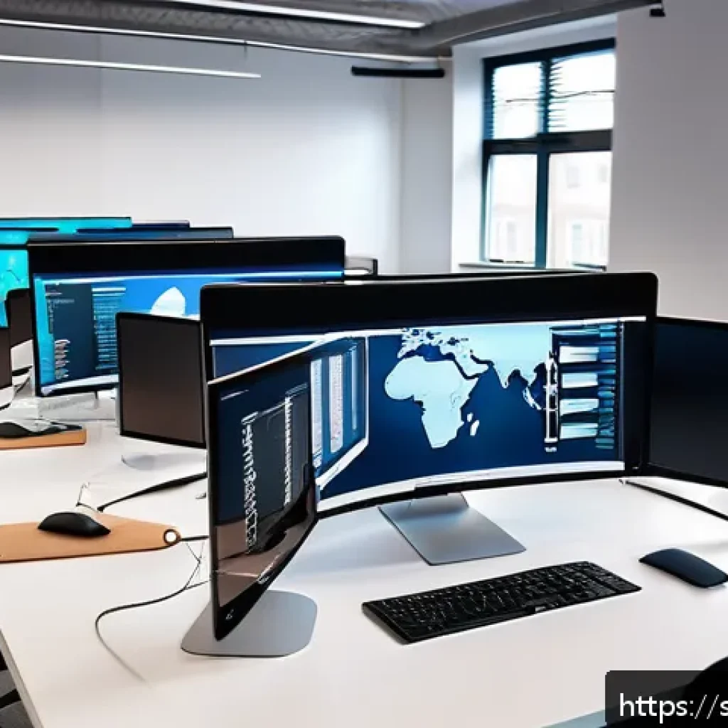스팸 메일 탐지 기술 발전 - A modern Scandinavian office environment with a diverse group of professionals collaborating on lapt...