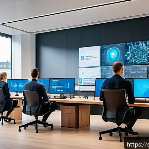 Home 17 AI를 이용한 해킹 기법 - A modern Scandinavian office environment with diverse professionals working on cybersecurity, multip...
