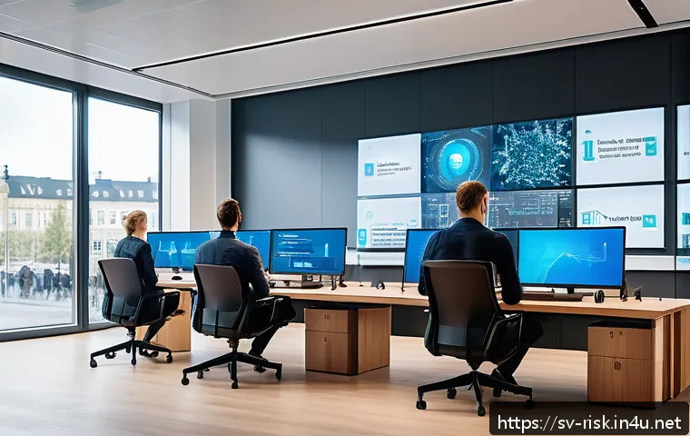 AI를 이용한 해킹 기법 - A modern Scandinavian office environment with diverse professionals working on cybersecurity, multip...