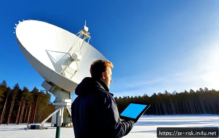 Home 17 위성 통신 해킹 가능성 - Photorealistic cybersecurity scene at a Nordic satellite communications ground station in rural Swed...